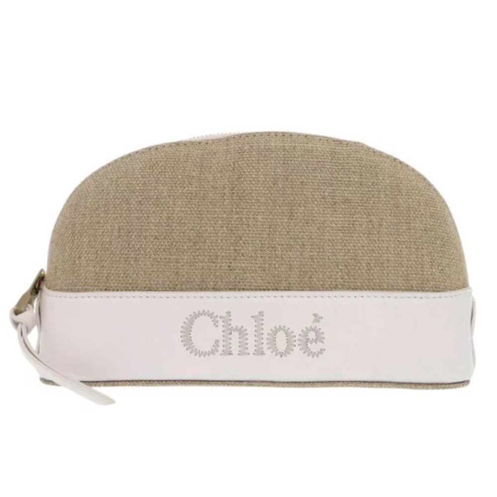 Chloe Pouch Clutch Leather Canvas Beige Cream White Cosmetic